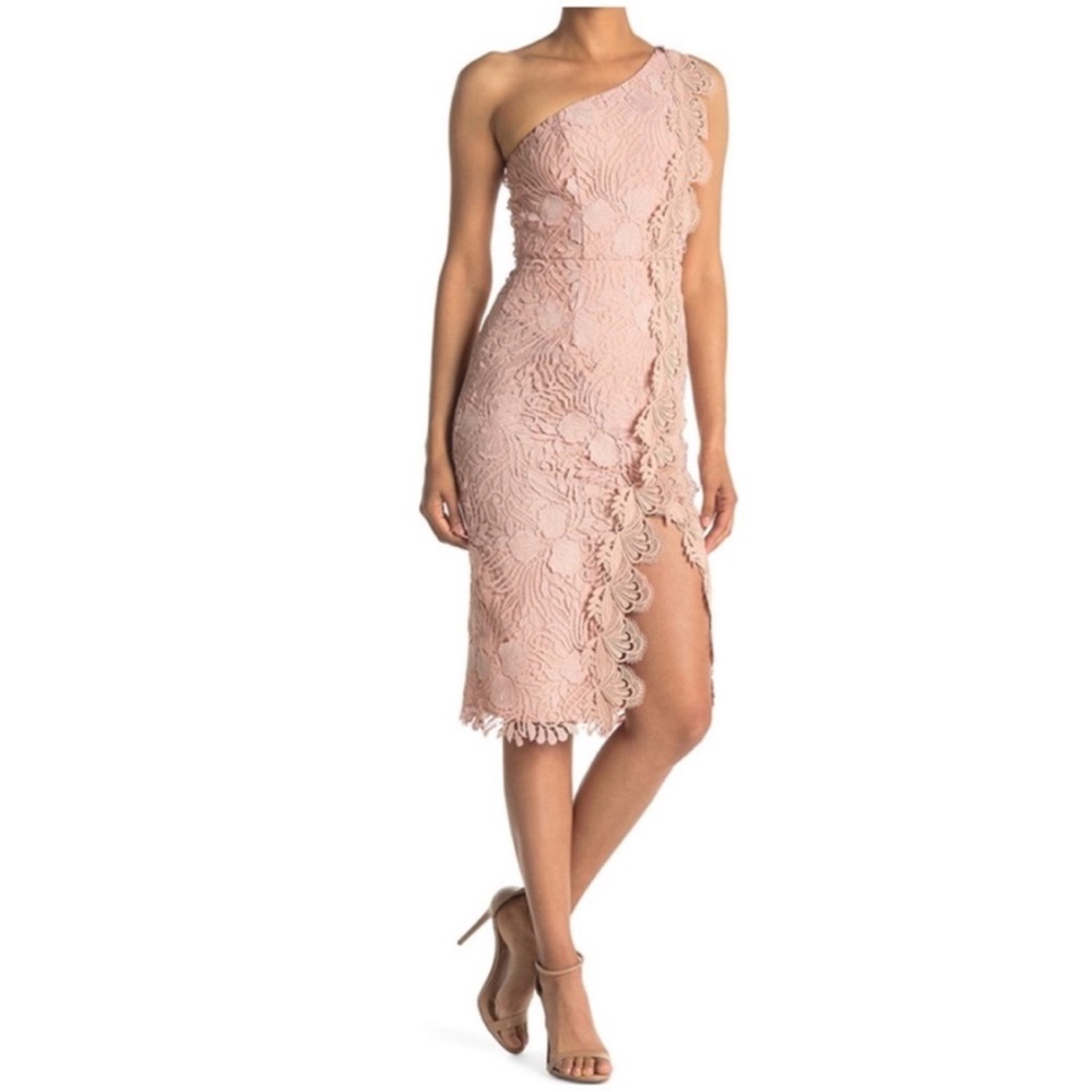 NWT Reiss Gorgeous Mena Crochet Lace One Shoulder Nude Dress.